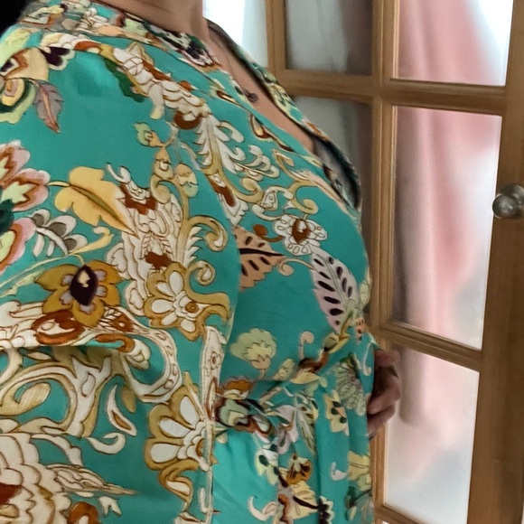 ZARA Boho Floral Kimono Oversized Blouse Top Robe Shirt Turquoise Tie Up Bow XL - Picture 12 of 16